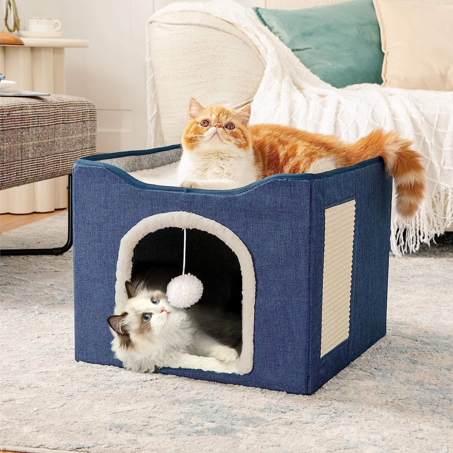 Cat Beds for Indoor Cats -Large Cat Cave for Pet Cat House with Fluffy Ball Hanging and Scratch Pad, Foldable Cat Hidewawy, Blue